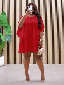 Slaydiva Đầm thường ngày dáng chữ A dài đến đầu gối, cổ tròn tay cánh dơi, size lớn, rộng rãi, màu trắng, phù hợp cho đi làm vào mùa xuân và mùa hè - Đỏ - Xem 4