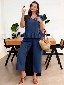 SHEIN Frenchy 2pcs Plus Size Women's Solid Color Back Single-Breasted Cap Sleeve Shirt And Pants Set - Navy Blue - View 2