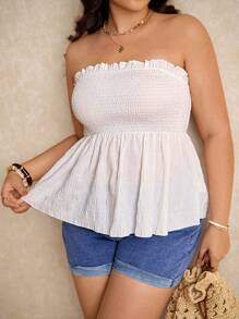 Elaquor Plus Size Solid Color Shirred Bodice Summer Boho Strapless Top - White - View 6