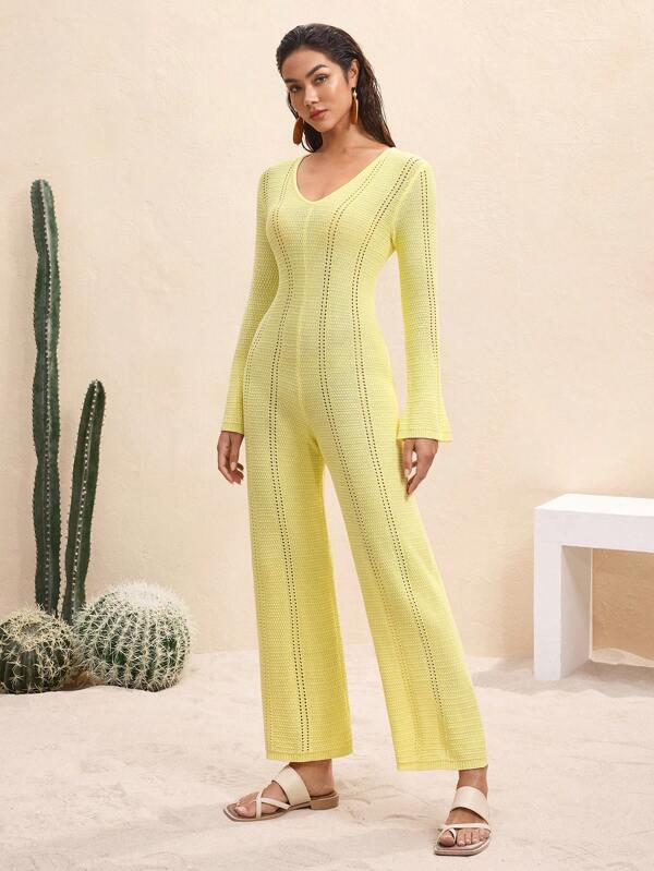 BY FELIZIA Light Yellow Solid Color Knitted V-Neck Flared Long-Sleeved Jumpsuit, Butter Yellow Holiday Elegant Casual Jumpsuits For Women