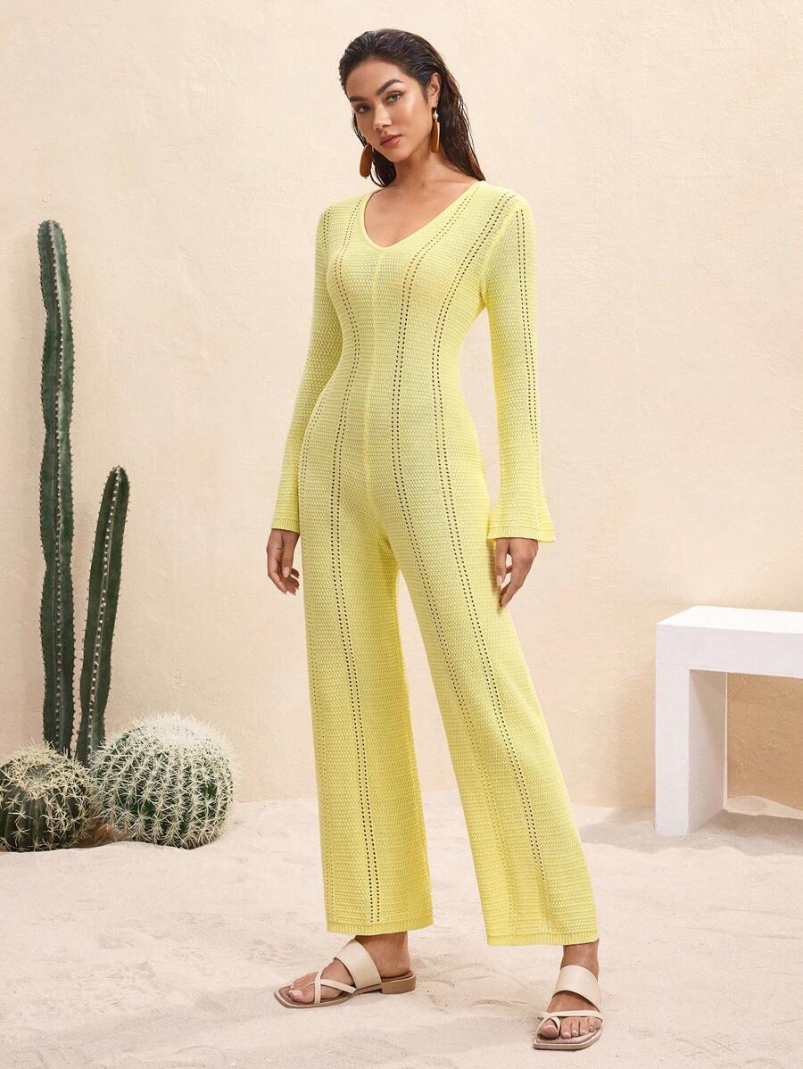 BY FELIZIA Light Yellow Solid Color Knitted V-Neck Flared Long-Sleeved Jumpsuit, Butter Yellow Holiday Elegant Casual Jumpsuits For Women
