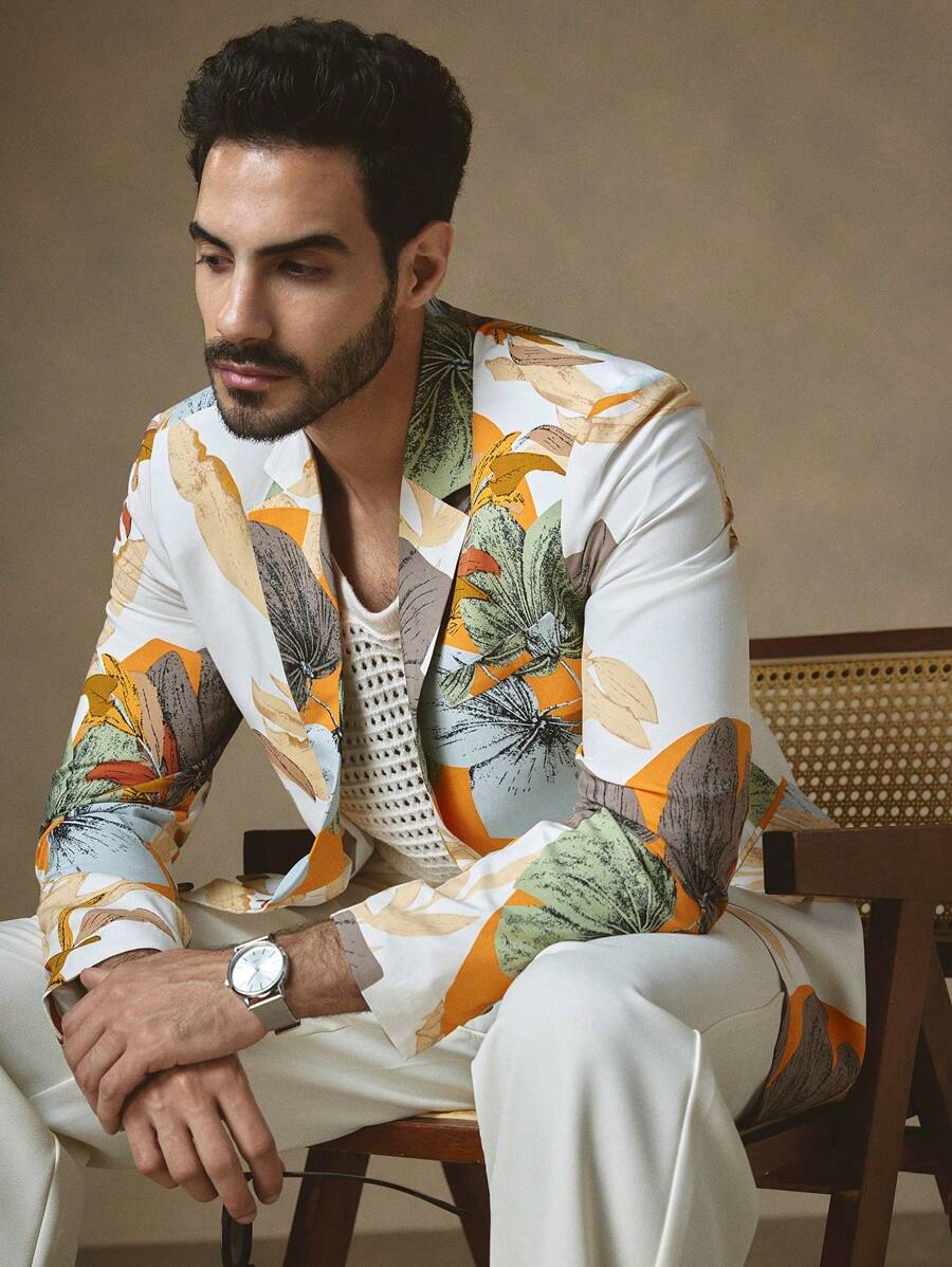 Manfinity VCAY Men's Tailored Fit Casual Blazer, Suitable For Everyday Wear, Outdoor, Home, Dating, Beach Oversized Floral Print Blazer, Spring Summer Vacation, Casual Summer Spring Vacation, Men's Single-Breasted Casual Suit, Men's Evening Dress Suit, Business