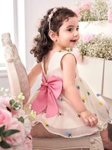 Babygirl Cute & Elegant Apricot Floral Print Organza Dress - Multicolor - View 1