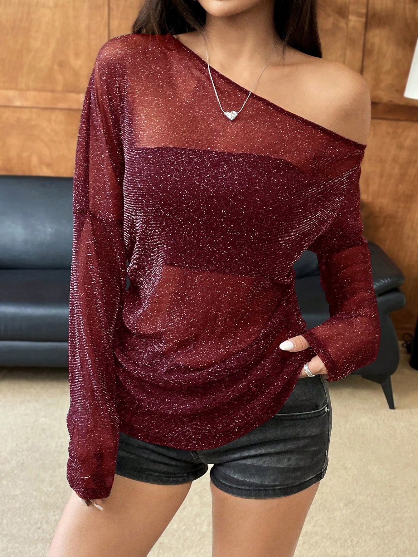 Asymmetric glitter mesh top