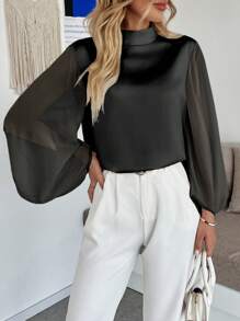 Uhlyne Fall Women Clothes Women's Elegant Minimalist Lantern Sleeve Fashion Blouse - Black - View 3