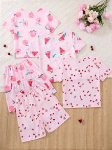 6pcs Girls Oversized Fruit Print Short Sleeve Top And Shorts Pajama Set, Loose And Comfortable Homewear