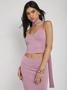 COSMINA Women's Simple Cropped Camisole Top And Split Hem Skirt 2 Pieces Set, Summer - Dusty Pink - View 3