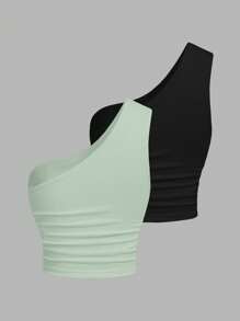 SHEIN EZwear Two-Piece Set Women Black & Mint Green Knitted One Shoulder Top - Mint Green - View 2