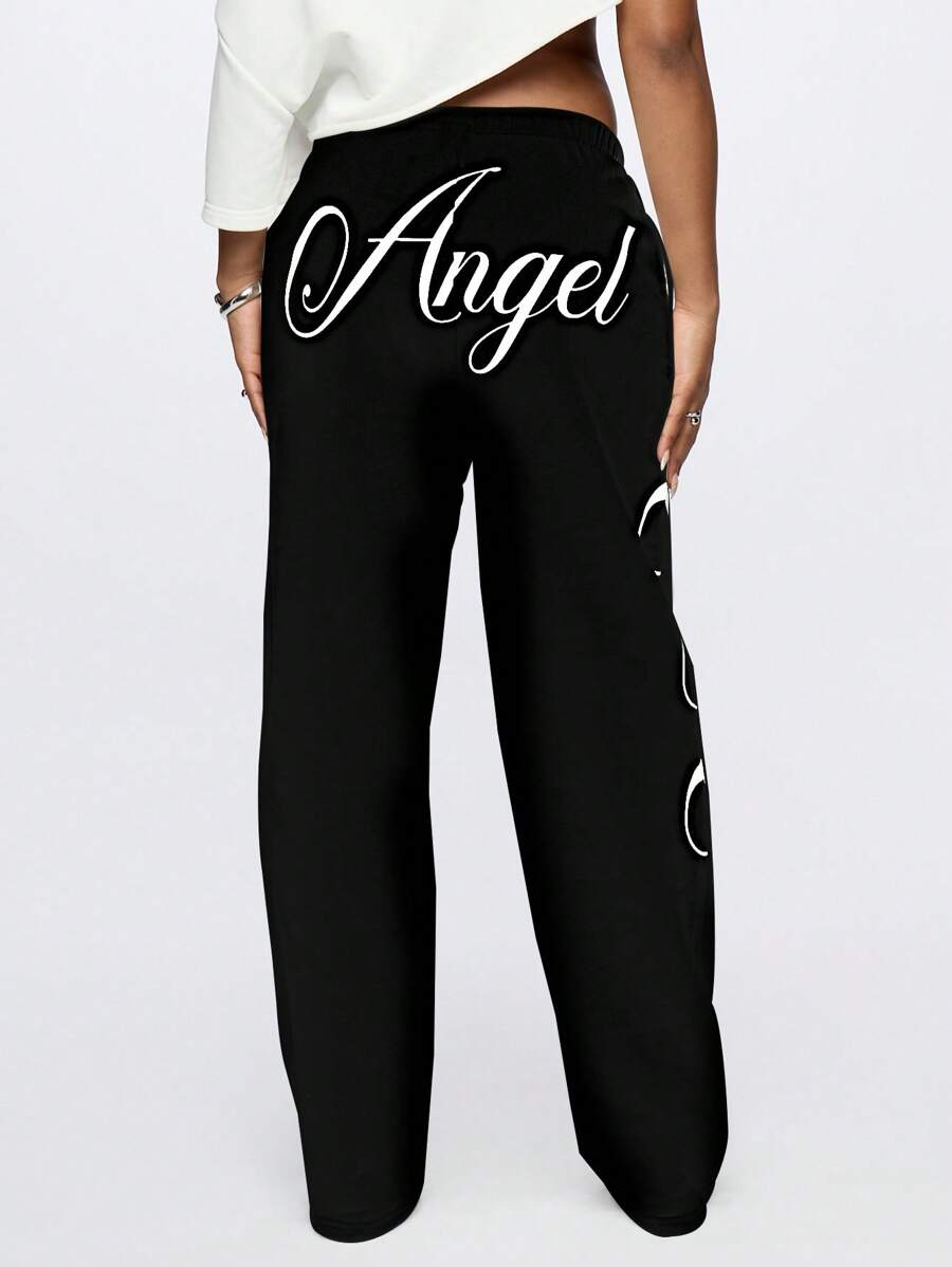 SUMWON WOMEN 天使标志运动裤 法式毛圈布 家居服 松紧腰慢跑裤 运动街头装 运动休闲 舒适健身 节日礼物 - 黑色 - 查看 1