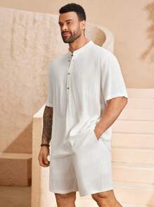 EASEVO Plus Size Men's Woven Shirt & Shorts Set