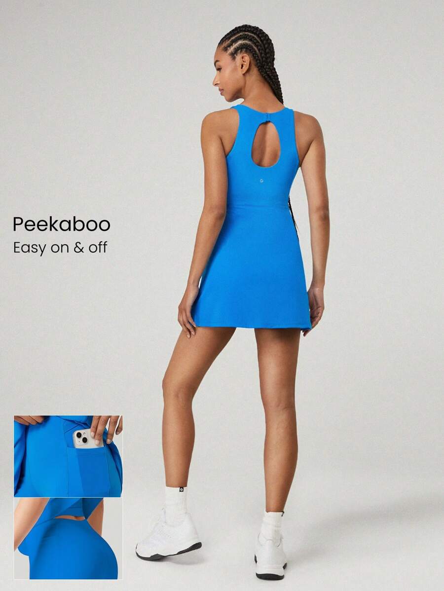 GLOWMODE FeatherFit™-Air Peekaboo 镂空口袋多功能运动连衣裙，内置短裤，轻度支撑，低冲击瑜伽，日常夏季速干，吸湿排汗 - Blue Power - 查看 1