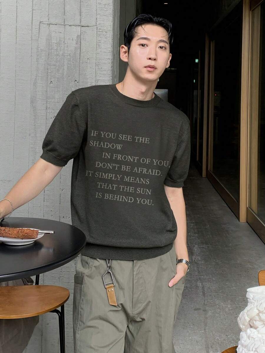 DAZY Men's Letter Jacquard Knitted Sweater, Dark Gray, Summer - Dark Grey - View 1