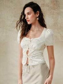 Chiquease 女士优雅方领撞色蕾丝前系带上衣 - 杏色 - 查看 6