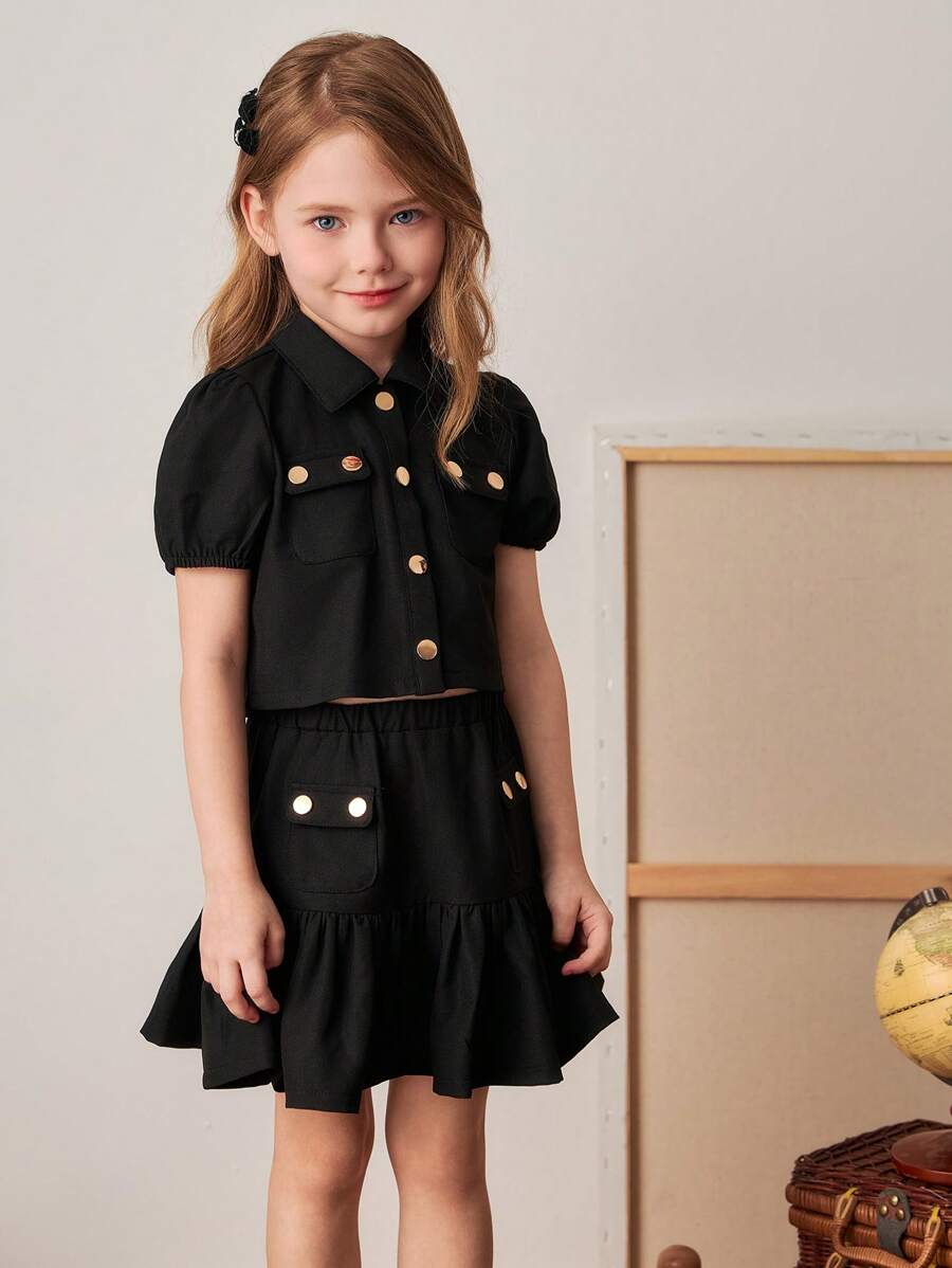 PrepCrw Young Girls' Black Puff Sleeve Shirt & Mini Skirt Set, College Style, Spring/Summer - Black - View 1