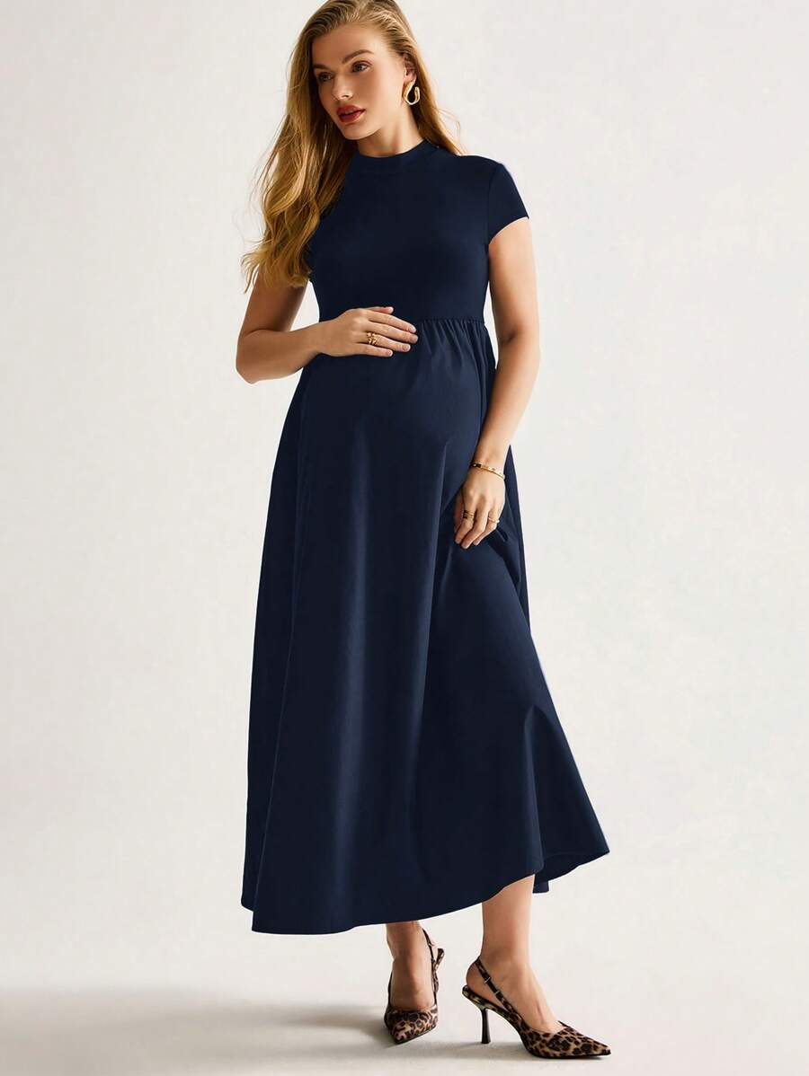 MaterniWear Maternity Solid Color Stand Collar Elegant Short Sleeve Dress, Summer Navy Blue - Navy Blue - View 1