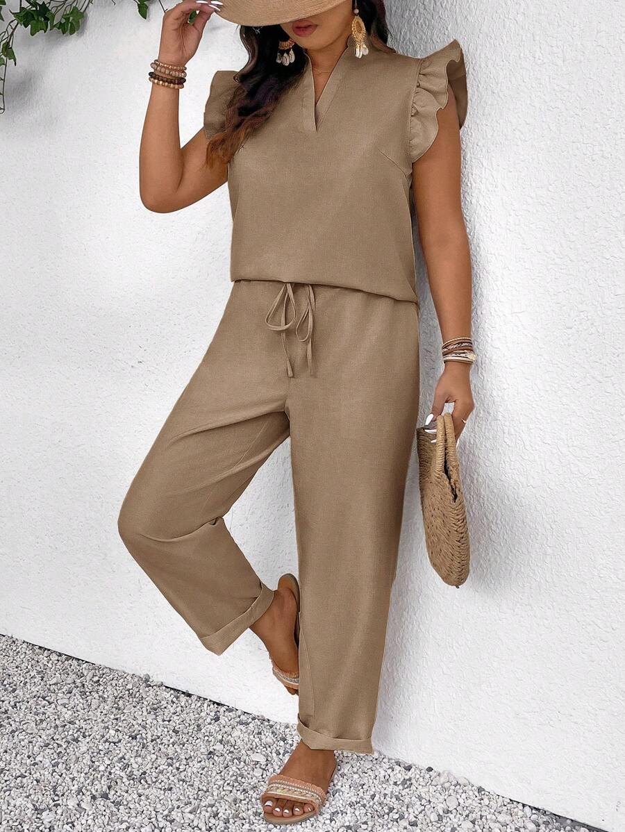 SHEIN Frenchy 2pcs Women Plus Size Solid Color Cap Sleeve Blouse And Pants Set - Brown - View 1