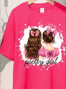 SHEIN 2pcs/Set Tween Girls Casual Simple Round Neck Short Sleeve Top And Pants Set, Summer - Hot Pink - View 3
