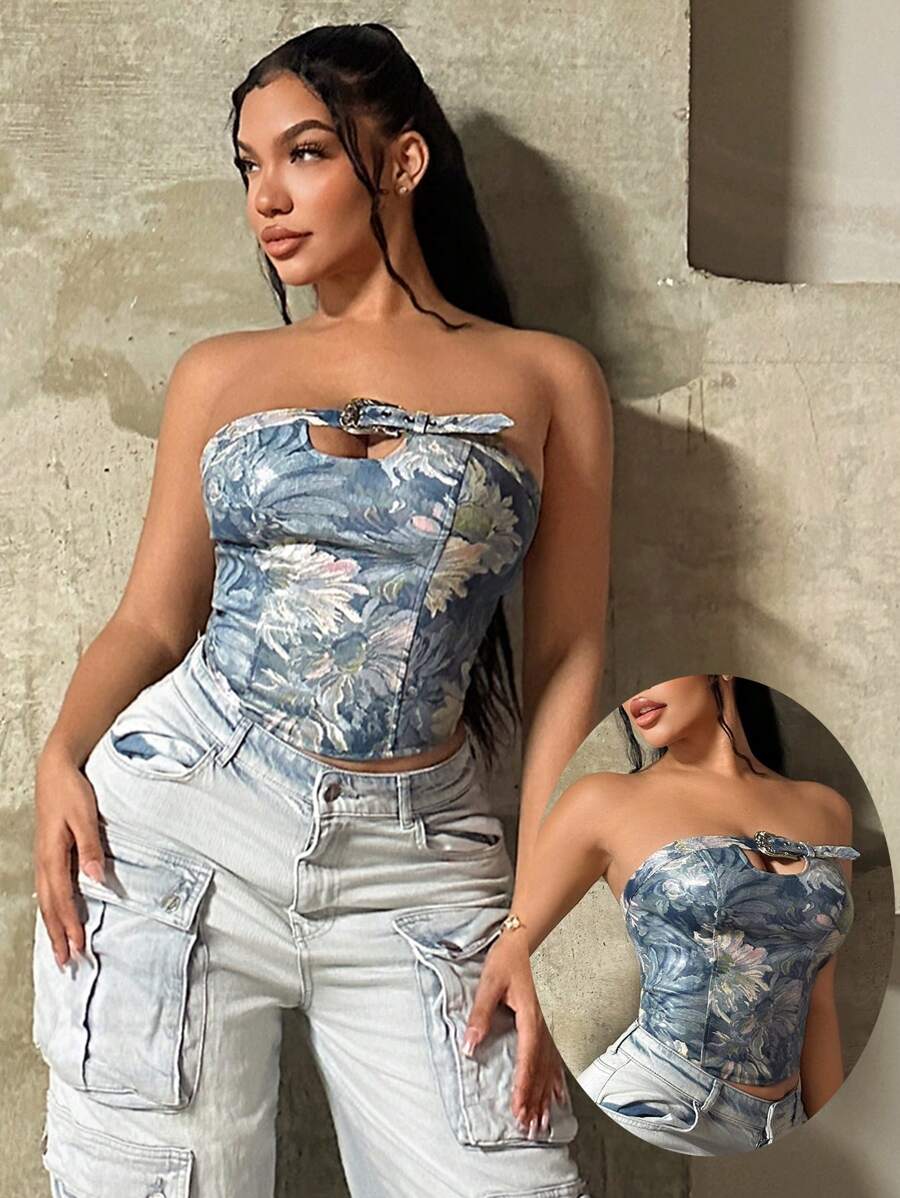 SHEIN SXY Women's Floral Print Adjustable Bandeau Top, Fashionable For Vacation,Corset Tops,Tube Tops,Summer,Sexy,Club Outfits Women Sexy,Gyaru,Streetwear Women,Summer,Y2K - Blue and White - View 1
