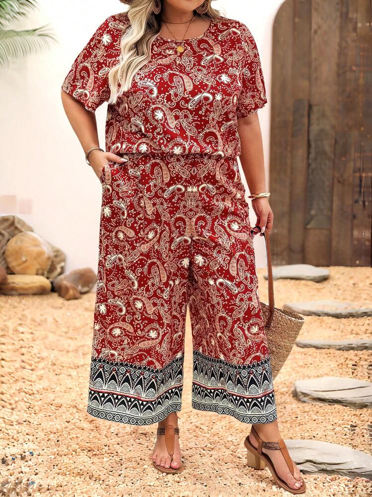 SHEIN CURVE+ Plus Size Paisley Print Blouse & Wide Leg Pants Boho Vacation - Multicolor - View 6