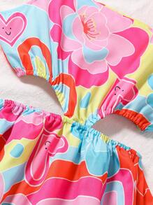 Vacation Floral Print Cap Sleeve And Waist Cutout Design Loose Fit Girls Midi Dress