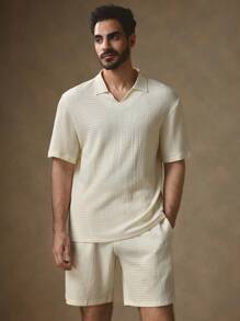 Manfinity VCAY 2pcs Knitted Close-Fitting Polo Collar Casual Suit Set, Suitable For Summer - Apricot - View 7