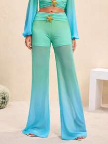 BY FELIZIA Women's Blue Green Gradient Printed Mesh Pleated Wide Belt Starfish Flared Leg Pants Beach Holiday Women Summer Clothes Casual - Multicolor - View 6