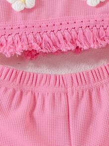 SHEIN Playful Pals 女婴夏季新款套装纯色 3D 花卉无袖上衣 + 短裤 - 玫紅色 - 查看 4