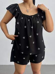 SHEIN MOOSTA 大码女式 2 件套上衣和短裤，蝴蝶印花盖袖方领衬衫和蝴蝶结休闲短裤，夏季 - 黑色 - 查看 5