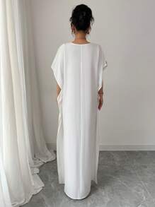 Calvaya Abito casual ed elegante da donna con scollo a V, maniche a pipistrello, orlo ampio, spacco, stampa floreale, senza elasticità, bianco, adatto per primavera ed estate