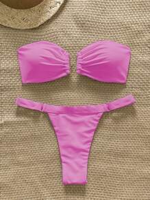 Swim Chiccia 女士海滩夏季服装 - Springbreak 纯色露肩金属装饰短款上衣和丁字裤比基尼套装 - 玫紅色 - 查看 1
