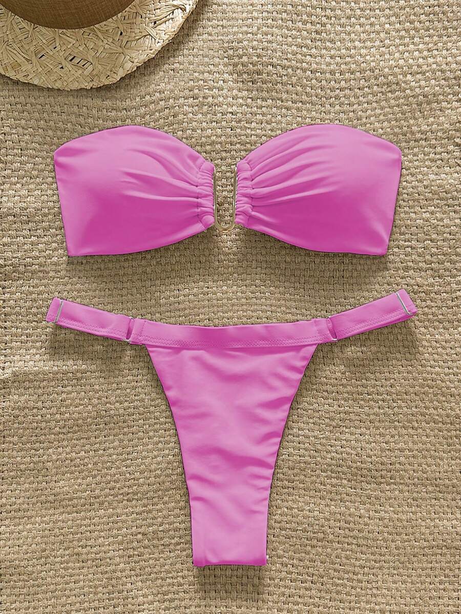 Swim Chiccia 女士海滩夏季服装 - Springbreak 纯色露肩金属装饰短款上衣和丁字裤比基尼套装 - 玫紅色 - 查看 1