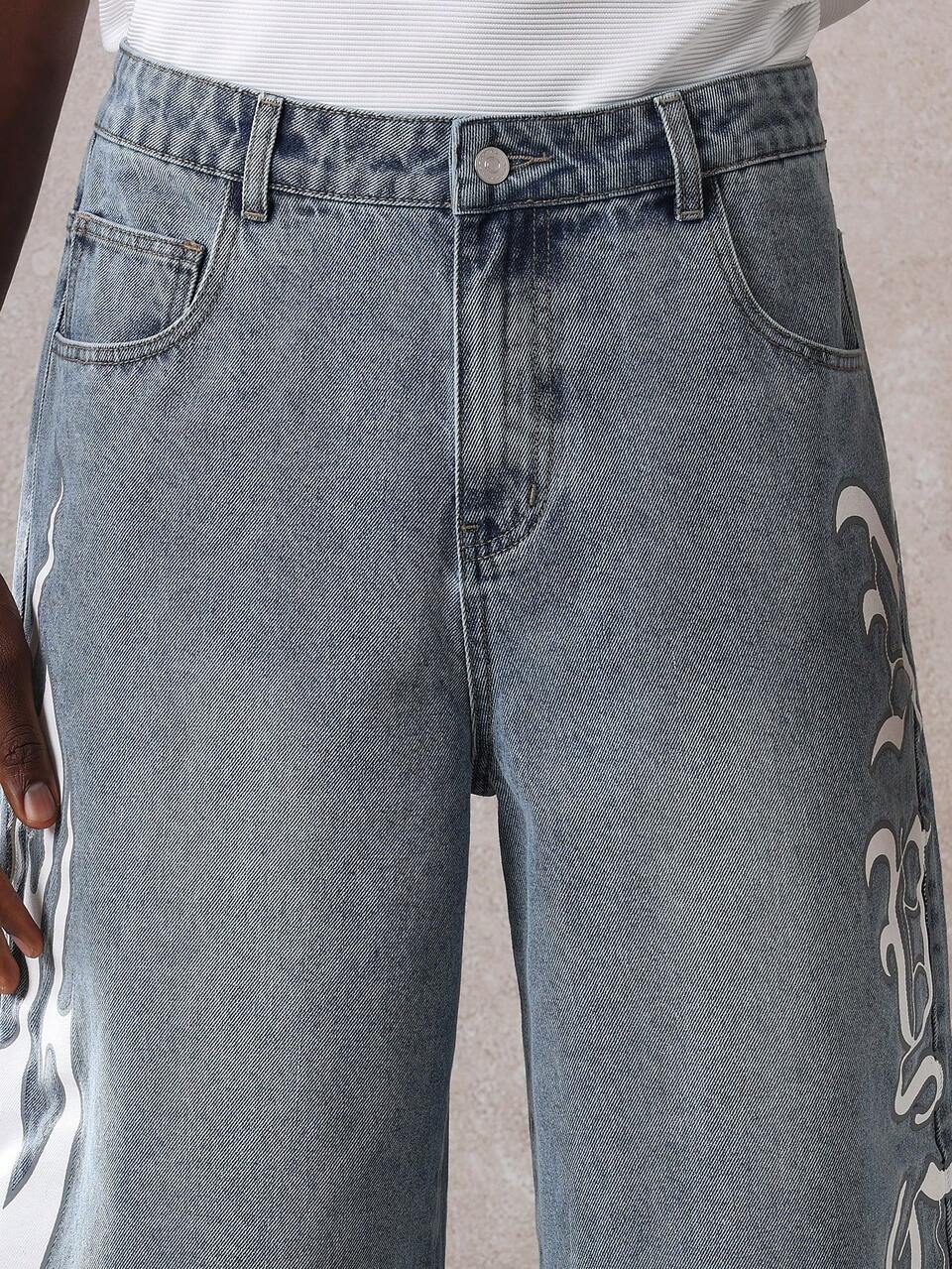 SUMWON Designer Skater Denim Shorts Loose Fit Printed Gothic Letters Street Style Casual Urban Summer Fashion Oversized Relaxed Streetwear Shorts