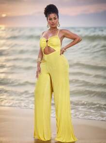 Maweii Plus Size Casual Solid Color Hollow Lace-Up Backless Jumpsuit - Yellow - View 6