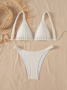 SHEIN Swim Bikini de primavera de dos piezas con textura lisa, almohadillas desmontables y fruncido - Beis - Ver 3