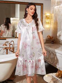 仿丝花卉印花蝴蝶结装饰 V 领荷叶边下摆睡裙娃娃装女士奢华家居服 - 粉色 - 查看 6