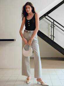 MOTF PREMIUM RHINESTONE BUTTON TANK TOP - Black - View 4