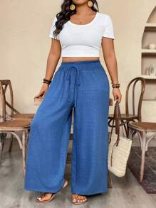 SHEIN PETITE Quần dài thường ngày cỡ lớn có cạp chun và nơ - Màu xanh lam - Xem 4