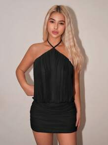SHEIN ICON Mini rochie mulata, încrucișată, cu gât drapat adânc, cu talie adunată - Negru - Vizualizare 3