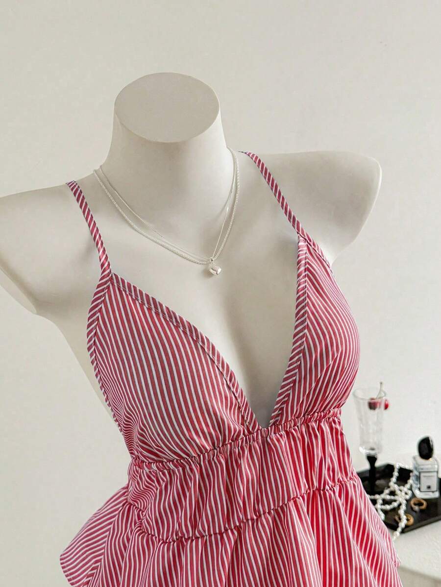 Elamini Camiseta de tirantes con volantes en el bajo a rayas para mujer - Rojo - Ver 1