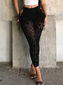 SHEIN SXY 女式斑马纹侧开衩系带网眼打底裤，女式打底裤，女式黑色裤子，网眼，性感，夜店装扮，性感女装，辣妹，街头装，夏季，Y2K，外出 - 黑色 - 查看 3