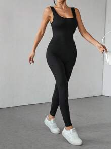 SHEIN PETITE Women's Solid Color Round Neck Backless Sleeveless Jumpsuit, Black Clothes - Black - View 3