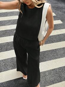 Siren Gaze 女士度假休闲纯色亚麻套装，圆领上衣和裤子2件套休闲套装，两件套女士，夏季服装女士，商务休闲女士 - 黑色 - 查看 4