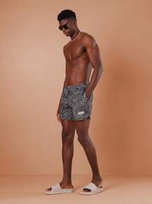 SUMWON 优质动物印花高性能泳裤豹纹图案运动沙滩冲浪短裤运动泳裤度假抽绳健身泳池派对度假弹性腰部运动