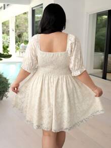 Vibekara 大码方领提花花卉雪纺拼接优雅可爱连衣裙，适合派对/度假，春/夏 - 杏色 - 查看 2