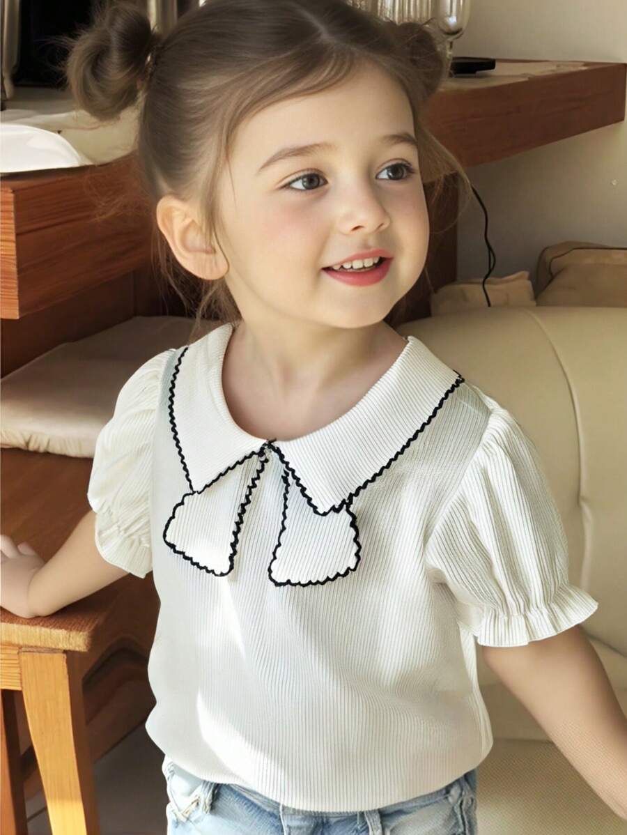 SHEIN Elladie kids 女宝宝优雅简约百搭蝴蝶结设计领针织罗纹泡泡袖上衣，春夏 - 白色 - 查看 1