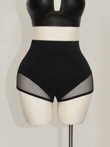 SHEIN ICON 大码黑色纯色渔网短裤