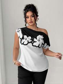 Elenzga Plus Size Asymmetric Collar Elegant Short Sleeve Printed Shirt