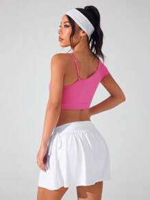 Gameset SHEIN Sport 女式不对称拼色短袖 T 恤，纯色简约设计，夏季 - 玫紅色 - 查看 2