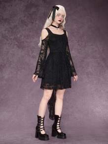 ROMWE Summer Clothes  Graduation Dress Gothic Style Embroidered Floral Lace Button & Ruffle Trim Black Midi Dress For Women - Black - View 7