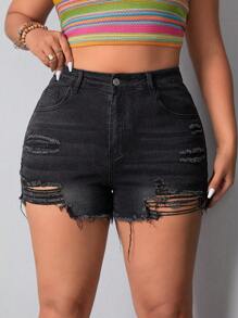 SHEIN LUNE Plus Size Ripped Denim Shorts - Black - View 6